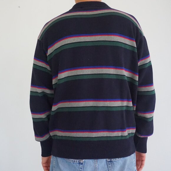 Polo Ralph Lauren Navy Stripe Knit Collared Sweater Old Money Collegiate Large - Picture 2 of 11
